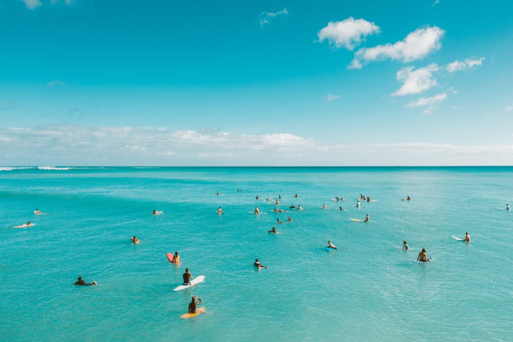 A large group of paddleboarders and swimmers enjoying the ocean